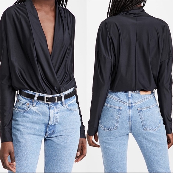 NEW WOLFORD Bodysuit Shannon Faux Wrap in Black Shiny Draped Front Full Back XS - Picture 2 of 9